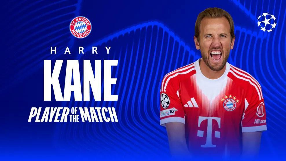 欧冠官方直播平台-梅开二度，凯恩当选拜仁vs圣吉罗斯全场联合最佳球员